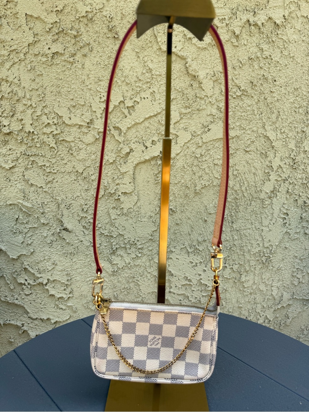 Louis Vuitton Mini Pochette Accessories in Damier Azur canvas w/LV chain & Strap